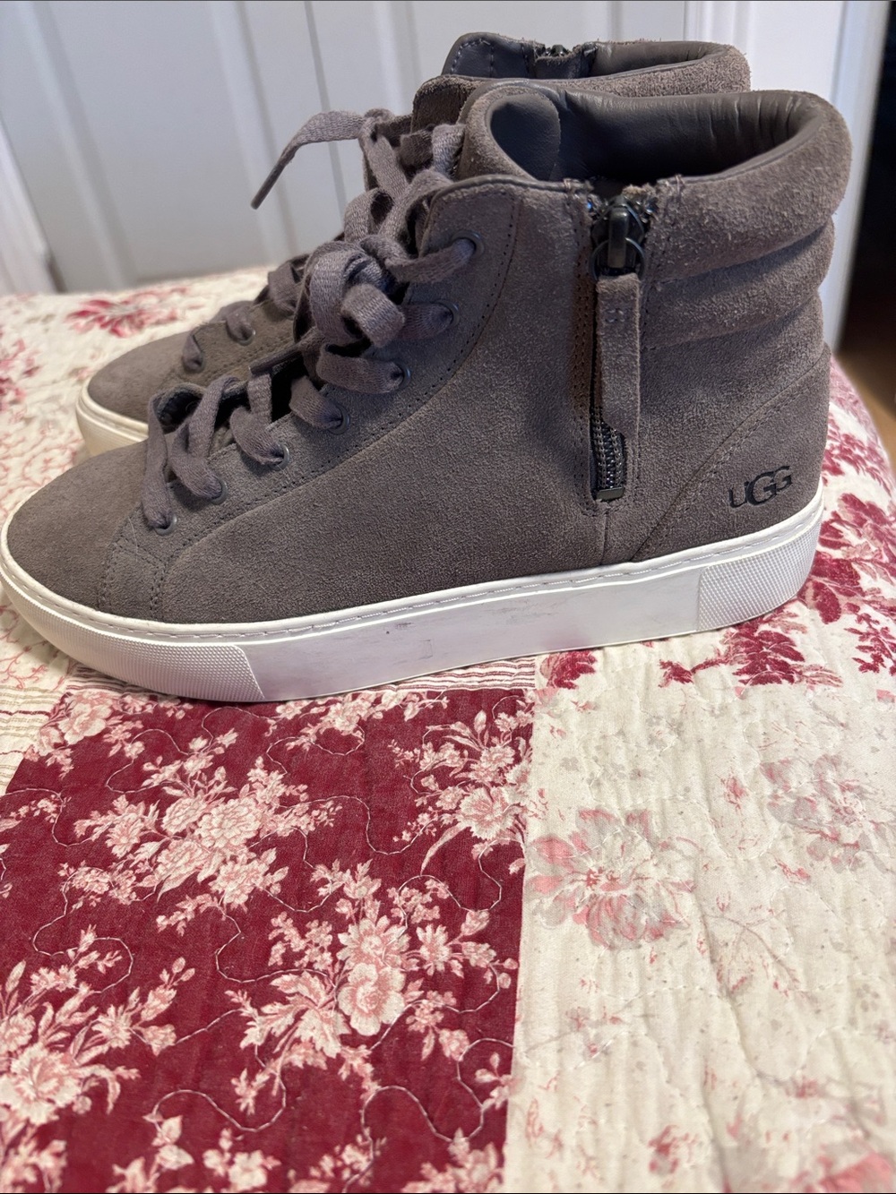 UGG Olli Suede High-Top Zip Sneakers - Mole Grey/Brown Size 7